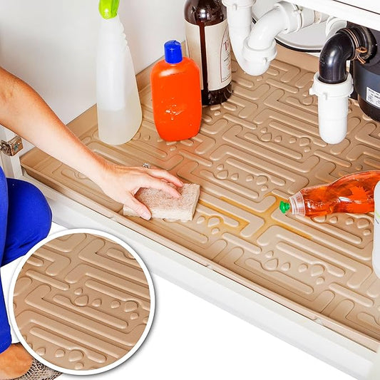 XTREME MATS Waterproof Undersink Mat (Beige 25" 1/4 x 19 1/4) Cabinet Base Liner for Bathroom Vanity Cabinets Catches Leaks Prevents Damage Flexible Driptray