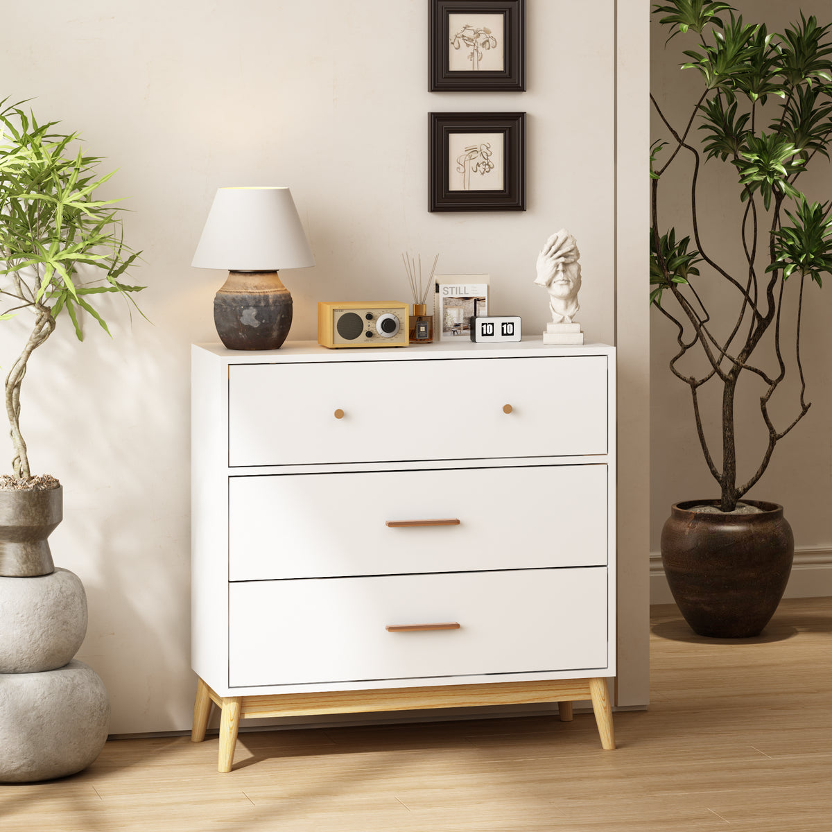 Nordic Style 3-Drawer Storage Cabinet, Modern White Chest Of Drawers With Rose Gold Handles & Solid Wood Base, Small Space Organizer For Office, Kids Room, Nursery - Image 4