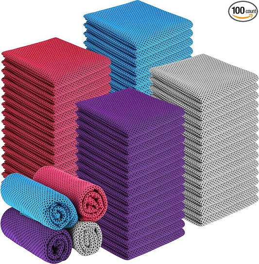 BBTO 100 Pack Cooling Towel - Microfiber Cold Sports Sweat Rags Neck & Face Breathable Ice Chilly Towel for Gym Yoga Golf Workout Beach Accessories