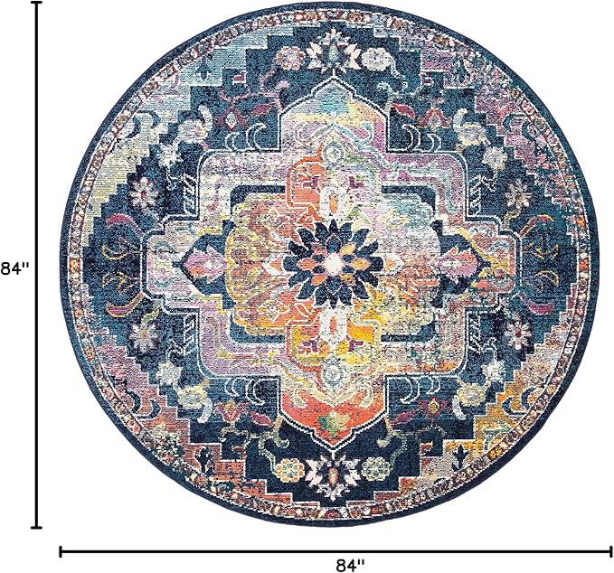 SAFAVIEH Crystal Collection Area Rug - 7' Round, Navy & Fuchsia, Medallion Distressed Design, Non-Shedding & Easy Care, Ideal for High Traffic Areas in Living Room, Bedroom (CRS501H)