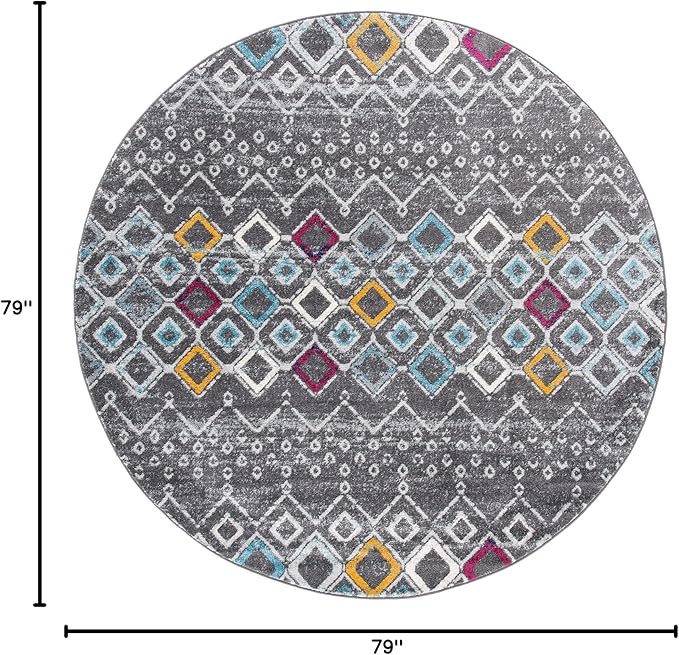 SAFAVIEH Amsterdam Collection 6'7" Round Dark Grey/Ivory AMS108H Moroccan Boho Non-Shedding Dining Room Entryway Foyer Living Room Bedroom Area Rug
