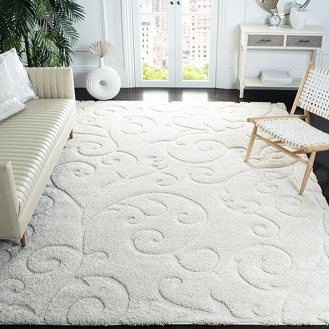 SAFAVIEH Area Rug 11x15 - Florida Shag Collection - Large - Cream & Cream, Scroll Design, Non-Shedding & Easy to Clean, High-Low Plush Pile, Ideal for Living Room, Bedroom, Dining (SG455-1111)