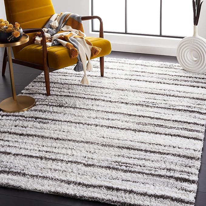 SAFAVIEH Berber Shag Collection Accent Rug - 4'5" x 6'5", Grey & Dark Grey, Stripe Design, Non-Shedding & Easy Care, 1.25-inch Thick Ideal for High Traffic Areas in Living Room, Bedroom (BER565F)