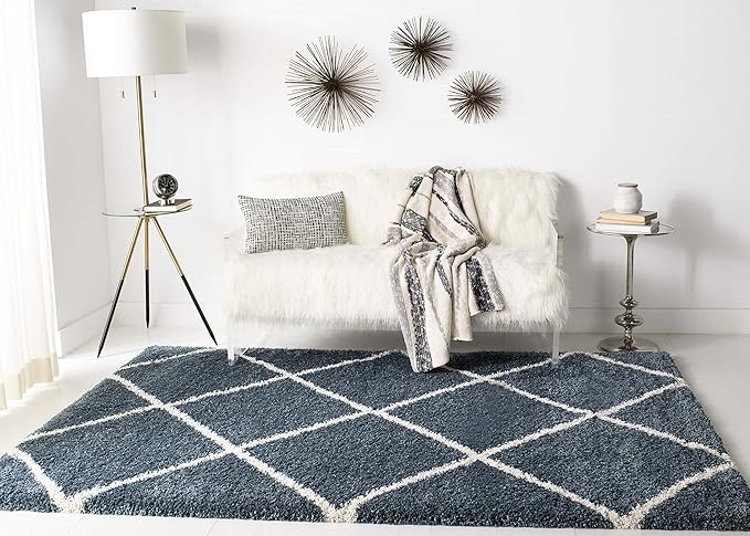 SAFAVIEH Hudson Shag Collection 3' Square Slate Blue/Ivory SGH281L Modern Diamond Trellis Non-Shedding Living Room Bedroom Dining Room Entryway Plush 2-inch Thick Area Rug
