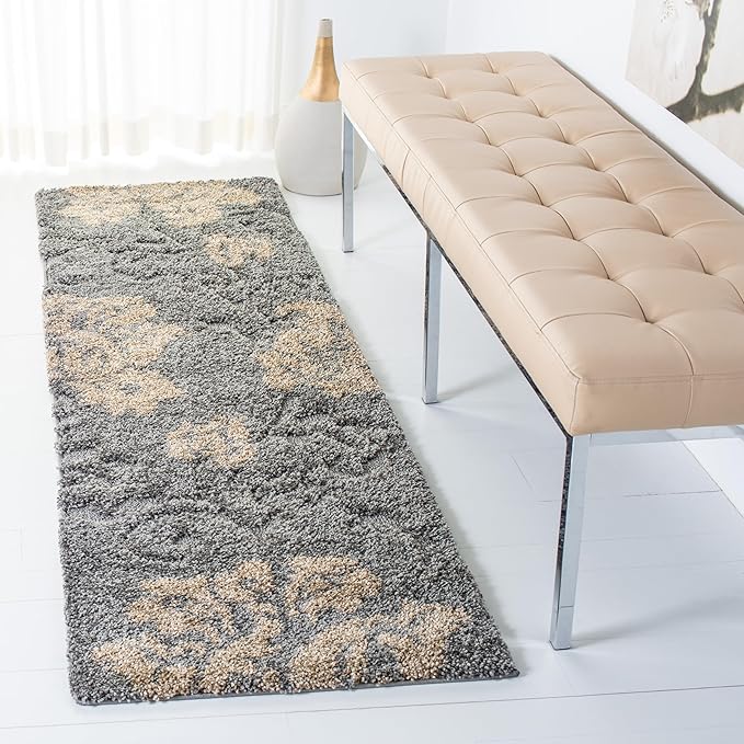 SAFAVIEH Florida Shag Collection Runner Rug - 2'3" x 9', Grey & Beige, Floral Design, Non-Shedding & Easy Care, 1.2-inch Thick Ideal for High Traffic Areas in Living Room, Bedroom (SG458-8013)