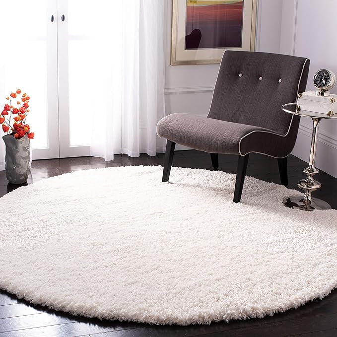 SAFAVIEH Fontana Shag Collection Area Rug - 6'7" Round, Ivory, Solid Design, Non-Shedding & Easy Care, 2-inch Thick Ideal for High Traffic Areas in Living Room, Bedroom (FNT800A)