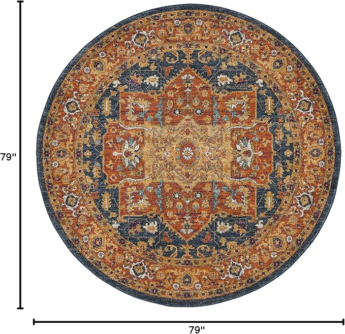 SAFAVIEH Evoke Collection Area Rug - 6'7" Round, Blue & Orange, Oriental Medallion Distressed Design, Non-Shedding & Easy Care, Ideal for High Traffic Areas in Living Room, Bedroom (EVK275C)