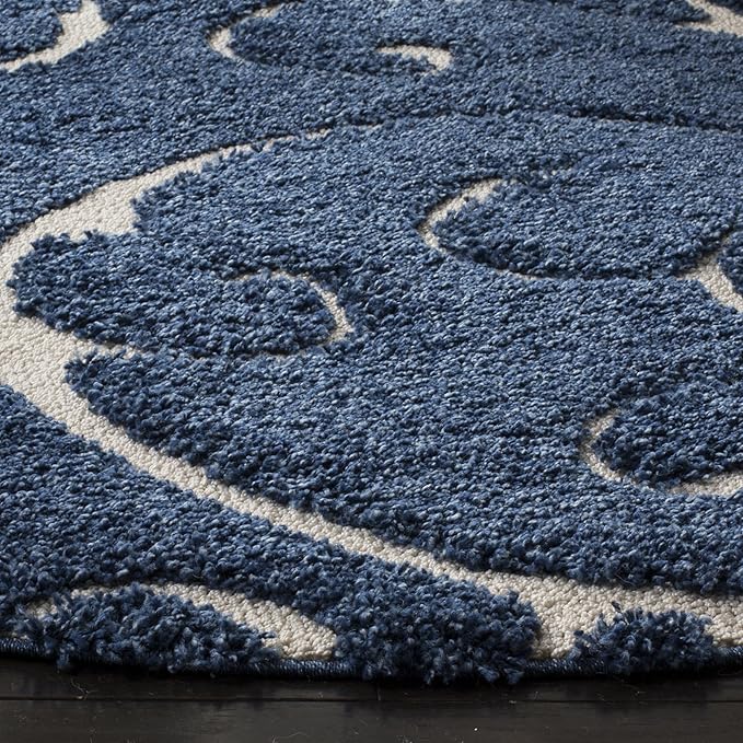 SAFAVIEH Florida Shag Collection Area Rug - 11' Round, Dark Blue & Cream, Scroll Design, Non-Shedding & Easy to Clean, High-Low Plush Pile, Ideal for Living Room, Bedroom, Dining Space (SG455-6511)