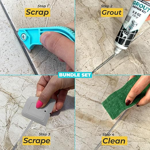 Pentausa Premixed Acrylic Sanded Tile Grout Repair Kit - Ready to Use Grout Renew Filler for Bathroom, Shower, & Kitchen Tile with Grout Removal Tool, Applicator & Sponge, (8.8 Oz - 250gr) (Grey)