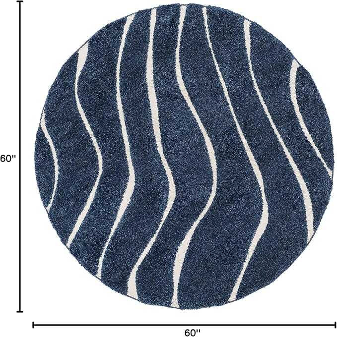 SAFAVIEH Florida Shag Collection Area Rug - 5' Round, Dark Blue & Cream, Non-Shedding & Easy Care, 1.2-inch Thick Ideal for High Traffic Areas in Living Room, Bedroom (SG472-6511)