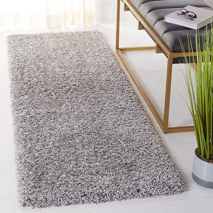 SAFAVIEH Santa Monica Shag Collection 2'3" x 11' Silver SGN725 Solid Non-Shedding Living Room Bedroom Dining Room Entryway Plush 2-inch Thick Runner Rug