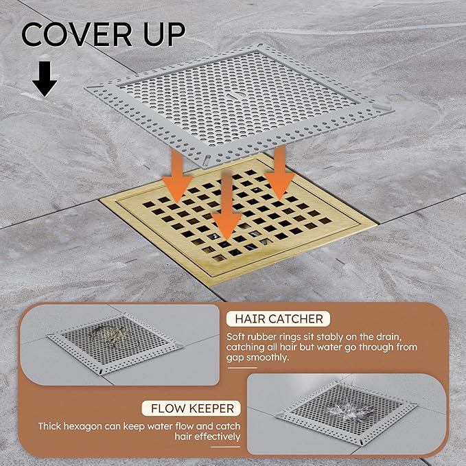 6 Inch Square Gold Shower Drain with Flange,Modern Floor Drain with Quadrato Pattern Grate Removable,SUS 304 Stainless Steel