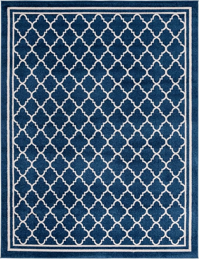 SAFAVIEH Amherst Collection Area Rug - 10' x 14', Navy & Beige, Moroccan Trellis Design, Non-Shedding & Easy Care, Ideal for High Traffic Areas in Living Room, Bedroom (AMT422P)