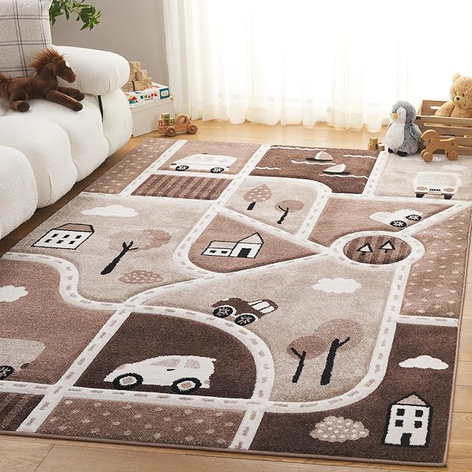 SAFAVIEH Carousel Kids Collection Area Rug - 5'3" x 7'6", Brown/Beige, Geometric Design, Ideal for High Traffic Areas in Living Room, Bedroom, Dining (CRK193T)