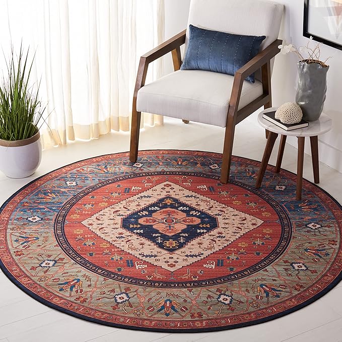 SAFAVIEH Washable Rug Tucson Collection - 8' Round, Rust & Blue, Slip Resistant & Easy to Clean, Ideal for Living Room, Bedroom, Dining Space (TSN153P)