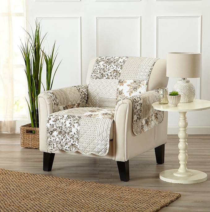 Great Bay Home Reversible Patchwork Chair Cover - Washable Slipcover Furniture Protector with Elastic Straps - Chair Cover for Dogs, Kids, and Pets - Box-Stitched Detail (Chair, Taupe)