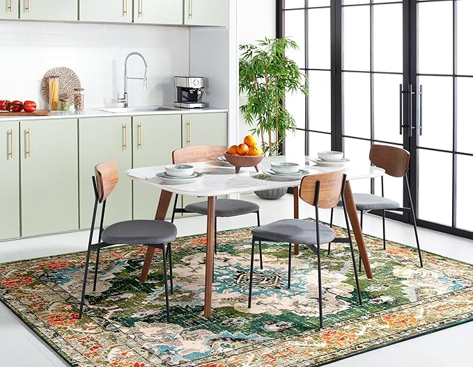SAFAVIEH Monaco Collection Area Rug - 10' x 14', Forest Green & Light Blue, Non-Shedding & Easy to Clean, Distressed Medallion Design, Ideal for Living Room, Bedroom, Dining Space (MNC243F)