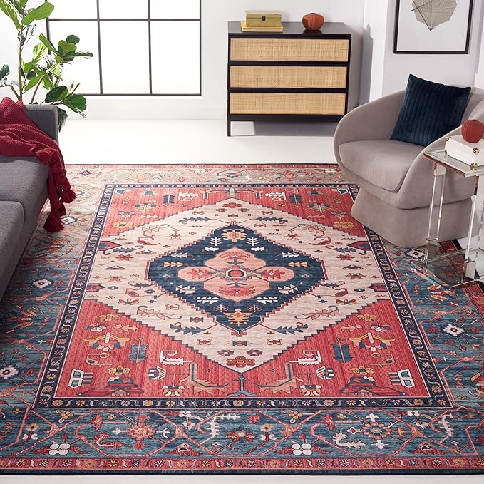 SAFAVIEH Washable Rug Tucson Collection - 10' x 14', Rust & Blue, Slip Resistant & Easy to Clean, Ideal for Living Room, Bedroom, Dining Space (TSN153P)