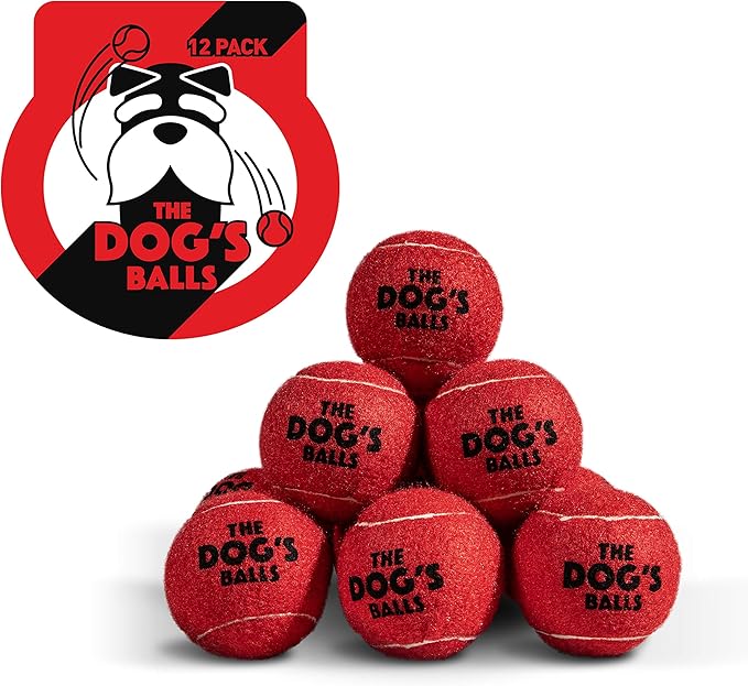 The Dog's Balls Dog Tennis Balls for Dogs, Red, 12-Pack - Non-Abrasive Felt Fetch Balls, Tough Rubber Core, Float in Water, Fits Standard Launchers