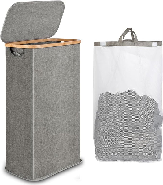 65L Slim Laundry Hamper, Narrow Laundry Basket with Lid,Foldable Clothes Hamper with Bamboo Handles,Hamper Basket with Removable Inner Bag for Laundry Room Bedroom College Dorm,17.17 Gals Grey