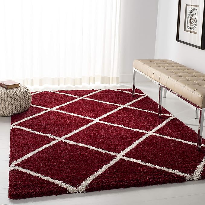 SAFAVIEH Hudson Shag Collection X-Large Area Rug - 11' x 15', Red & Ivory, Modern Trellis Design, Non-Shedding & Easy Care, 2-inch Thick Ideal for High Traffic Areas in Living Room, Bedroom (SGH281R)