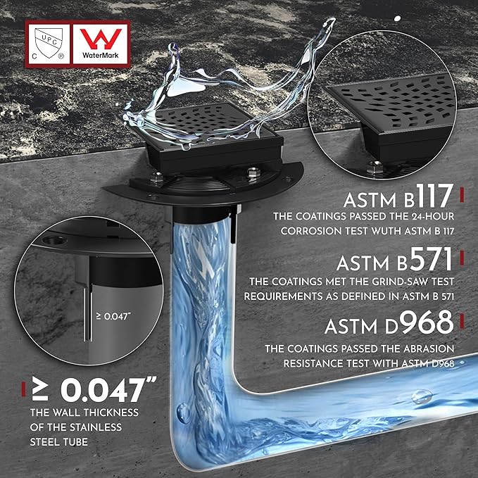 WEBANG 4 Inch Square Shower Drain Black Floor Drain with Flange Wave-Hole Pattern Cover Grate Removable SUS304 Stainless Steel Watermark&CUPC Certified Matte Black