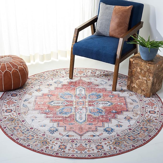 SAFAVIEH Washable Rug Tucson Collection - 5' Round, Beige & Blue, Slip Resistant & Easy to Clean, Ideal for Living Room, Bedroom, Dining Space (TSN109B)