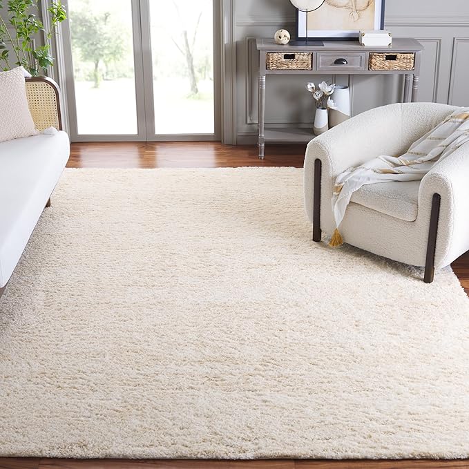 SAFAVIEH 11x15 Area Rug - Berber Shag Collection - Large - Ivory & Beige, Plush Thick Pile, Ideal for Living Room, Bedroom, Dining Space (BER563G)