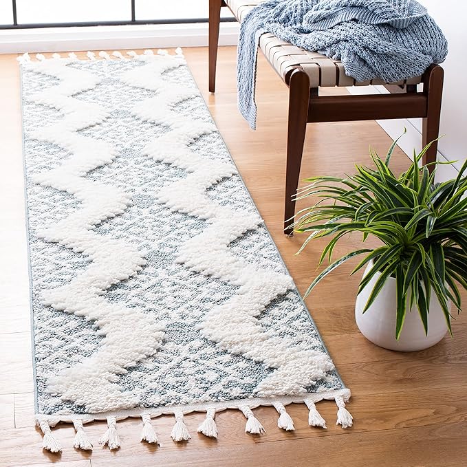 SAFAVIEH Moroccan Tassel Shag Collection Runner Rug - 2'3" x 10', Teal & Ivory, Rustic Trellis, Non-Shedding & Easy Care, 2-inch Thick Ideal for High Traffic Areas in Living Room, Bedroom (MTS652K)