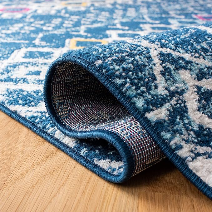 SAFAVIEH Amsterdam Collection Area Rug - 6'7" Square, Navy & Turquoise, Moroccan Boho Design, Non-Shedding & Easy Care, Ideal for High Traffic Areas in Living Room, Bedroom (AMS108M)
