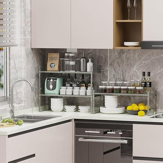 Expandable Stackable Spice Rack Cabinet Shelf Organizer in Cabinets Shelves Kitchen Cupboard Organization Stack up Racks Pantry Countertop Storage (Gun-Gray, Large 3 Packs G)