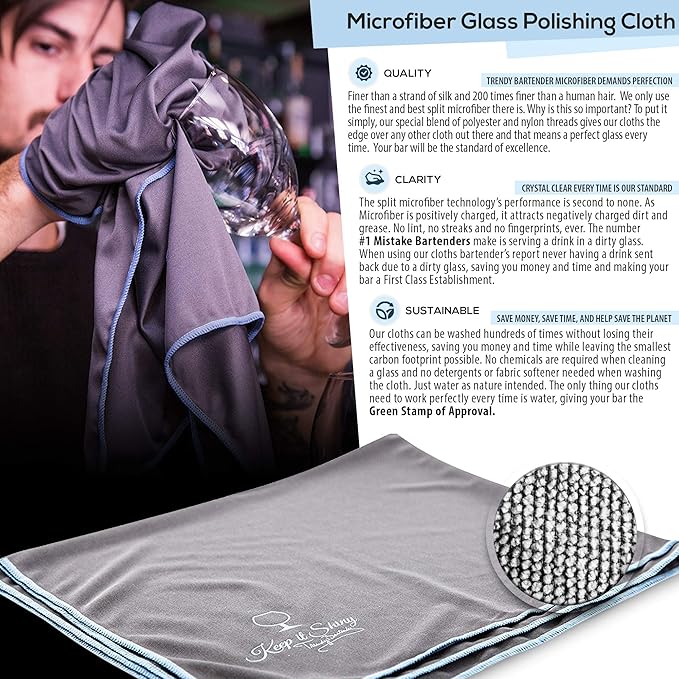 Trendy Bartender Toast to Perfection Microfiber Glass Polishing Lint-Free Cloth for Spotless Shine and a Residue-Free Finish - Pack of 2-25x20 inch - Grey