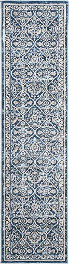 SAFAVIEH Brentwood Collection 2' x 12' Navy / Light Grey BNT870M Oriental Damask Trellis Non-Shedding Living Room Bedroom Runner Rug