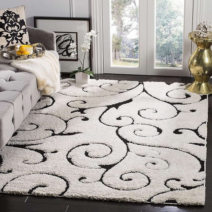 SAFAVIEH Florida Shag Collection Accent Rug - 3'3" x 5'3", Ivory & Black, Scroll Design, Non-Shedding & Easy Care, High-Low Plush Pile, Ideal for Living Room, Bedroom, Dining Space (SG455-1290)