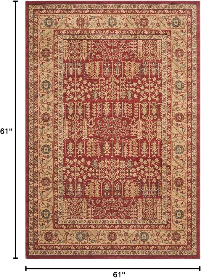 SAFAVIEH Mahal Collection Area Rug - 5'1" Square, Red & Natural, Non-Shedding & Easy Care, Ideal for High Traffic Areas in The Living Room, Dining, Bedroom (MAH697A)