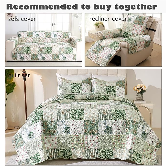 Cmfshape Skidproof Sofa Cover-Green Sofa Slipcover with Elastic Straps-Easy Fit Slip Cover-Patchwork Washable Furniture Protector for Pets and Kids(Chair,Green)