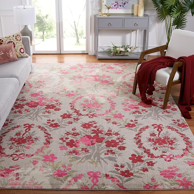 SAFAVIEH Monaco Collection Area Rug - 8' x 10', Ivory & Pink, Floral Design, Non-Shedding & Easy Care, Ideal for High Traffic Areas in Living Room, Bedroom (MNC205R)