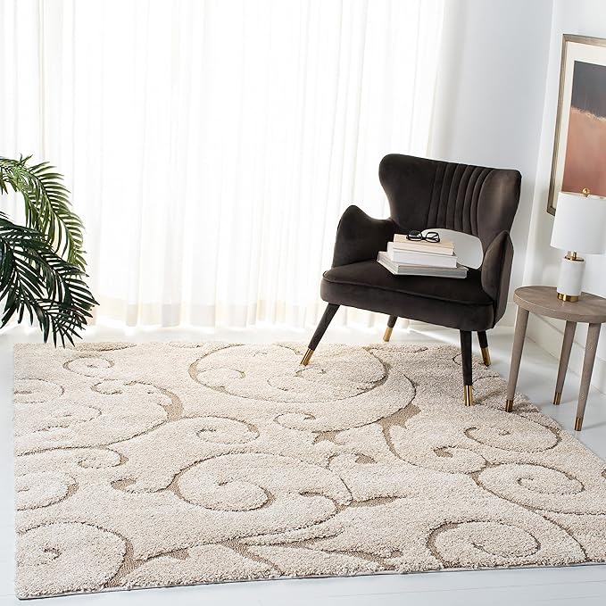 SAFAVIEH Florida Shag Collection Area Rug - 11' Square, Cream & Beige, Scroll Design, Non-Shedding & Easy to Clean, High-Low Plush Pile, Ideal for Living Room, Bedroom, Dining Space (SG455-1113)