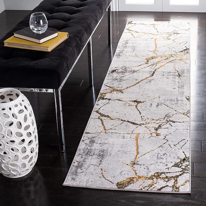 SAFAVIEH Amelia Collection Runner Rug - 2' x 6', Grey & Gold, Modern Abstract Design, Non-Shedding & Easy Care, Ideal for High Traffic Areas in Living Room, Bedroom (ALA293G)