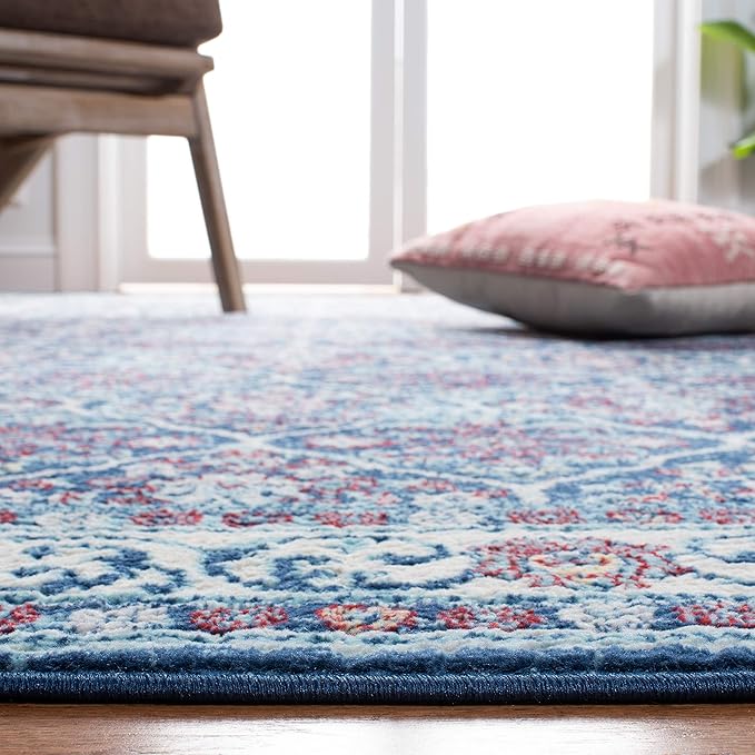 SAFAVIEH Brentwood Collection 8' x 10' Navy / Red BNT870N Oriental Damask Trellis Non-Shedding Living Room Bedroom Dining Home Office Area Rug