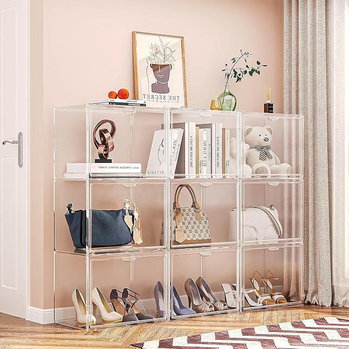 15.75''x11.81''x9.84'' XX-Large Clear Shoe Storage Boxes with Divider, Stackable Plastic Boot Boxes with Magnetic Door, Acrylic display case Box with Lids for Sneaker Purses Handbags Books (3)