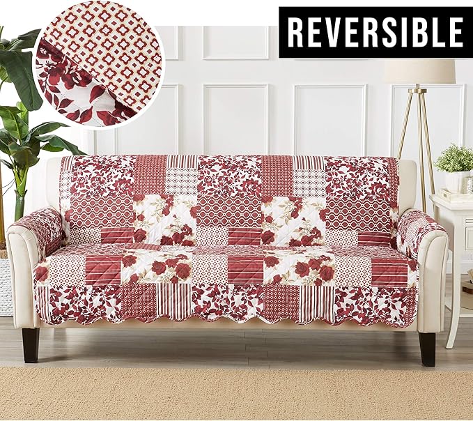 Great Bay Home Reversible Patchwork Sofa Cover - Washable Slipcover Furniture Protector with Elastic Straps - Couch Cover for Dogs, Kids, and Pets - Box-Stitched Detail (Sofa, Burgundy)