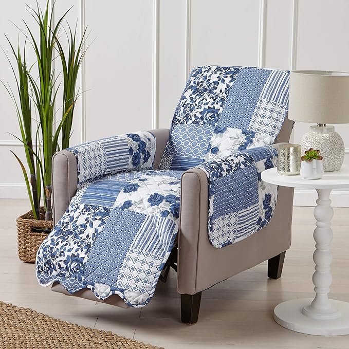 Great Bay Home Reversible Patchwork Recliner Chair Cover - Washable Slipcover Furniture Protector with Elastic Straps - Couch Cover for Dogs, Kids, and Pets - Box-Stitched Detail (Recliner, Navy)