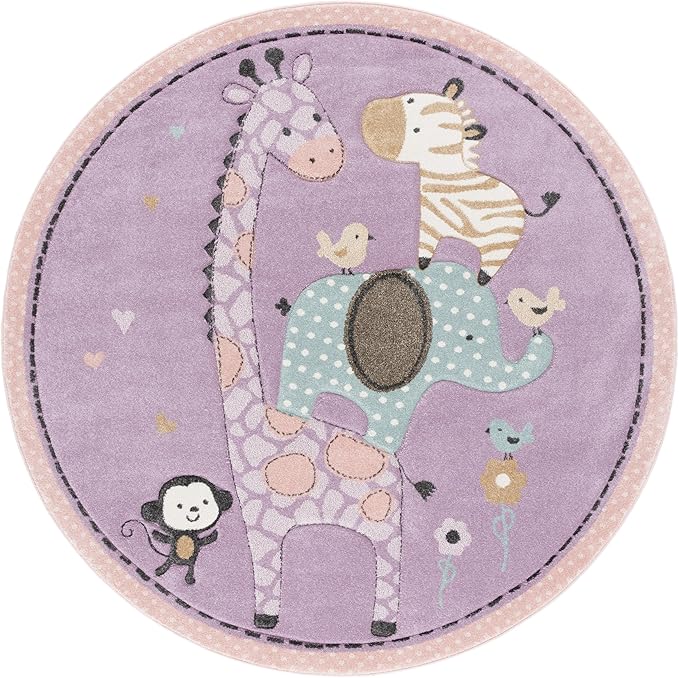 SAFAVIEH Carousel Kids Collection Area Rug - 6'7" Round, Purple, Animal Design, Easy Care & Non-Shedding, Ideal for High Traffic Areas for Boys & Girls in Playroom, Nursery (CRK120V-7R)