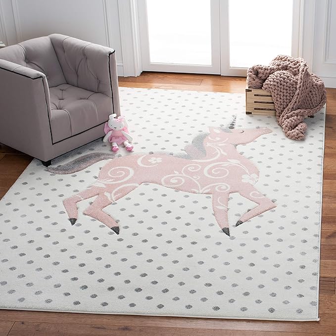 SAFAVIEH Carousel Kids Collection Accent Rug - 3'3" x 5'3", Ivory Grey & Pink, Non-Shedding & Easy Care, Ideal for High Traffic Areas for Boys & Girls in Playroom, Nursery, Bedroom (CRK163B)