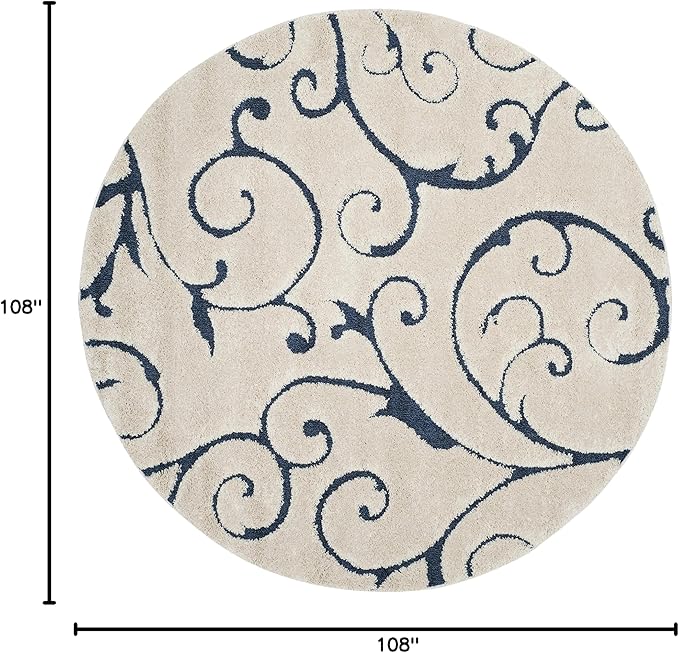 SAFAVIEH Florida Shag Collection Area Rug - 9' Round, Cream & Blue, Scroll Design, Non-Shedding & Easy to Clean, High-Low Plush Pile, Ideal for Living Room, Bedroom, Dining Space (SG455-1165)