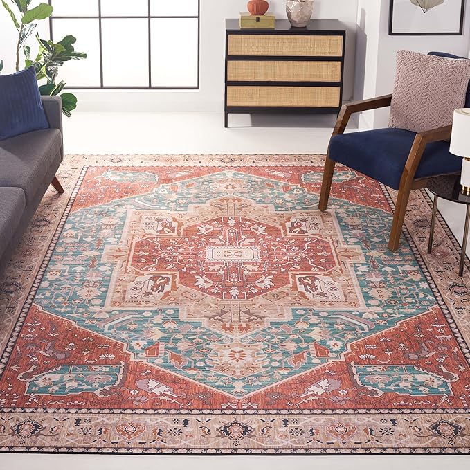 SAFAVIEH Washable Rug Tucson Collection - 10' x 14', Aqua & Rust, Slip Resistant & Easy to Clean, Ideal for Living Room, Bedroom, Dining Space (TSN150J)
