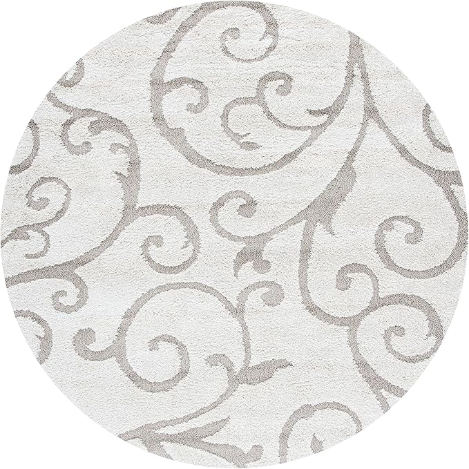 SAFAVIEH Florida Shag Collection Area Rug - 9' Round, Ivory & Beige, Scroll Design, Non-Shedding & Easy to Clean, High-Low Plush Pile, Ideal for Living Room, Bedroom, Dining Space (SG455-13LT)