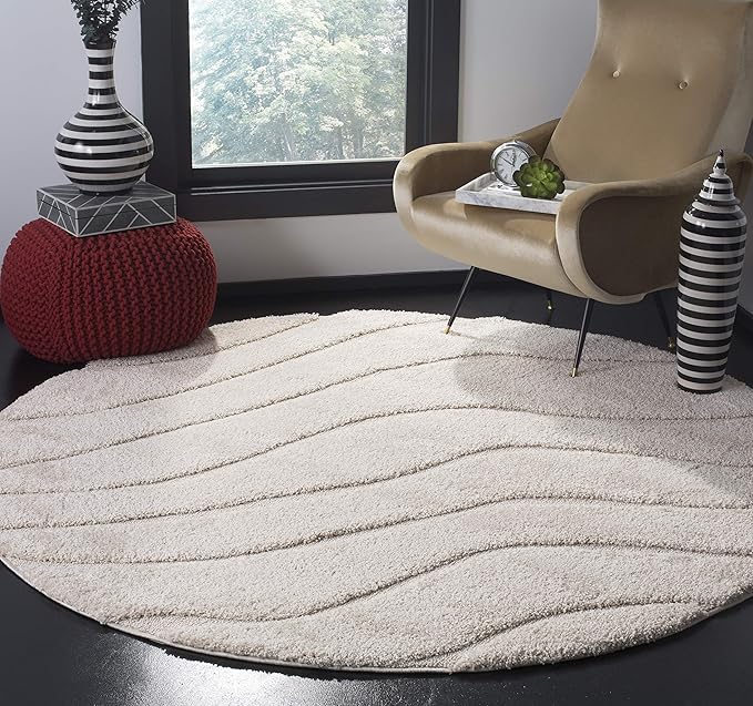 SAFAVIEH Florida Shag Collection Area Rug - 6'7" Round, Creme & Creme, Non-Shedding & Easy Care, 1.2-inch Thick Ideal for High Traffic Areas in Living Room, Bedroom (SG472-1111)
