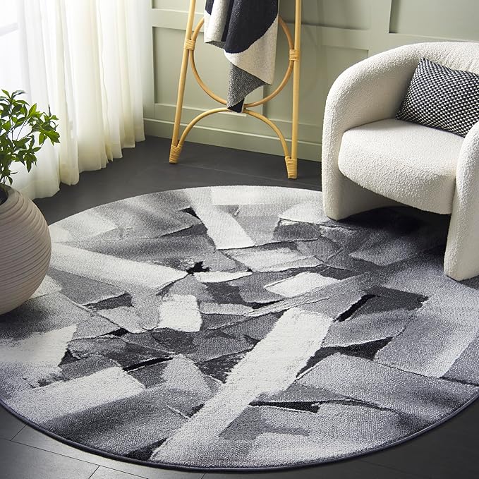 SAFAVIEH Porcello Collection Area Rug - 6'7" Round, Ivory & Grey, Modern Abstract Pattern, Non-Shedding & Easy Care, Ideal for Living Room, Foyer, Bedroom (PRL6937F-7R)